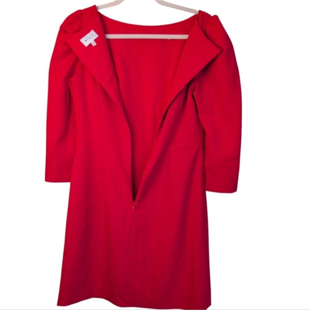 MILLY ruby red Claire Puff Sleeve cocktail sheath dress size 8 boatneck flaw - Picture 2 of 8